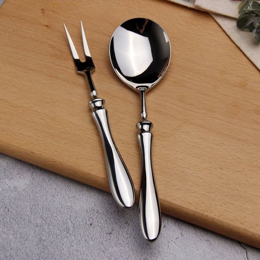 Stainless steel public meal sharing spoon and large meat fork set for BBQ, outdoor dining, and communal meals, with solid bar handle design.